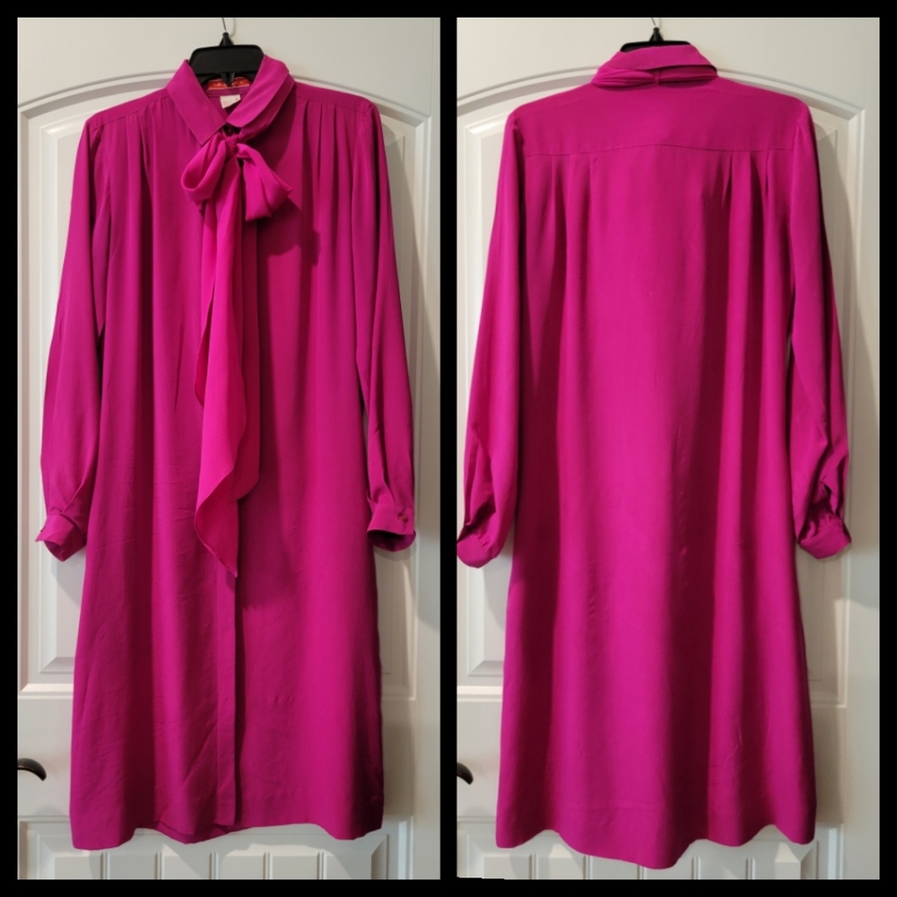 Halston III fushia neck scarf silk shirt dress  8